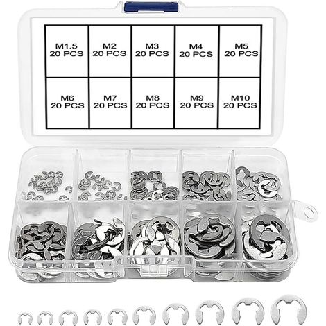 Kit de 200 anneaux de retenue externes, en acier inoxydable, 10 tailles M1,5/2/3/4/5/6/7/8/9/10, avec boîte en plastique (1/5)