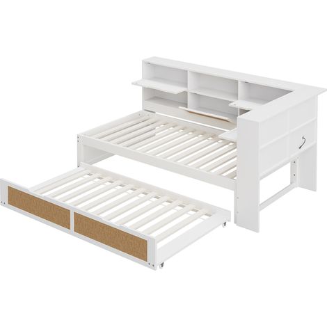 Lit multifonctionnel 90 x 200 cm avec lit gigogne et rangements, blanc, HOMVRA (1/5)