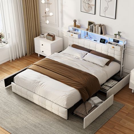 Grand lit 2 places 160x200cm, avec LED et 6 tiroirs, Chargement USB, Sommier Inclus, Chambre moderne, velours, Beige (1/5)