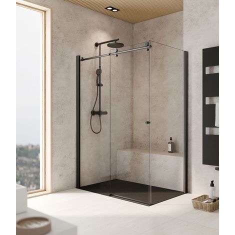 Porte de douche coulissante + paroi de retour fixe, 120 x 90 x 200 cm, verre 8 mm, profilé noir, MasterClass, Schulte (1/5)