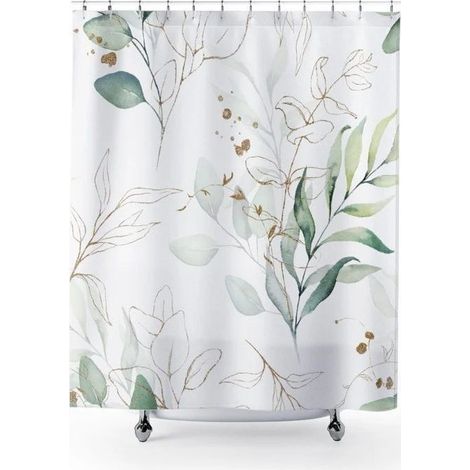 Cortina de ducha con estampado de hojas de eucalipto, cortina de ducha botánica verde y dorada, cortina pequeña para bañera, antimoho, impermeable, tejido de poliéster lavable, cortina de baño con 8 g (1/5)