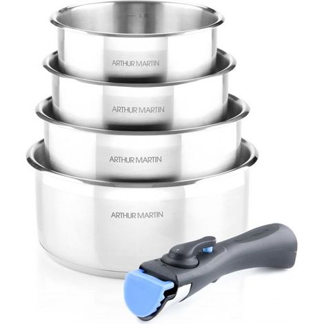 Batterie de cuisine inox 5 pcs – 4 casseroles 14-16-18-20 cm – Poignée amovible – Compatible tous feux et induction – Empilable – Arthur Martin (1/3)