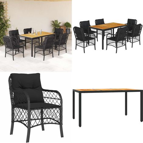 7-tlg. Garten-Essgruppe mit Kissen Schwarz Poly Rattan - Gartenstuhl - Gartentisch (1/5)