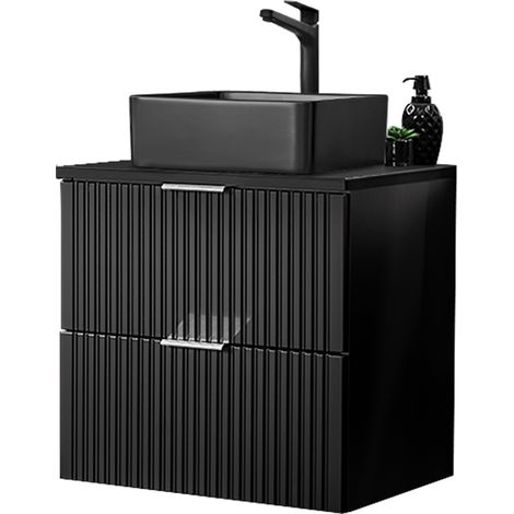 Badmöbel Waschtisch, 61cm, mit schwarzem Aufsatzbecken, ADELAIDE-56-BLACK, matt schwarz Rillenoptik, B/H/T ca. 60,6/72,2/46,5 cm (1/5)