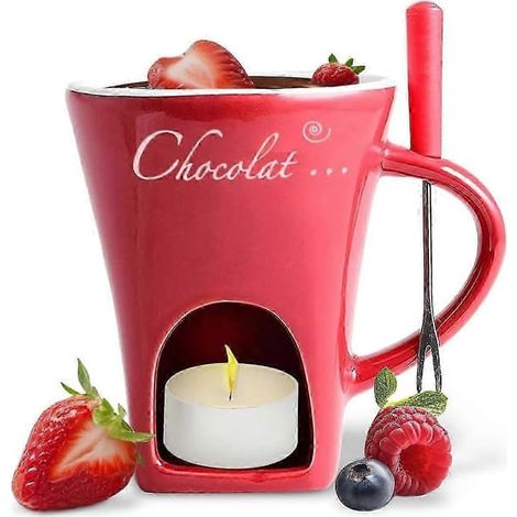 Mug à fondue au chocolat, tasse à café, mug à fondre le chocolat avec fourchette, chauffe-fondue, mug à bonbons, blanc (1/5)