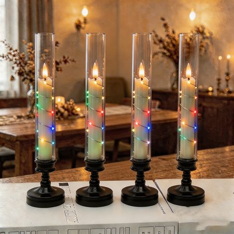 Lot de 4 bougies LED 25,5 cm – Effet vacillant, avec supports – Idéales pour table, buffet, Noël, Halloween, mariage, Nouvel An et cimetière – Décoration lumineuse et sécurisée-Coloré (1/2)