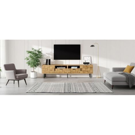 Meuble TV MDF bois effet chêne, buffet bas 2 portes et 2 tiroirs, meuble multimedia salon, pieds métal noir, 2 niches ouvertes, rangement moderne (1/5)