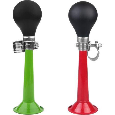 2 Pcs Sonnette de vélo Cloche Sonnette de vélo vélo Klaxon en métal, Klaxon à air pour vélo en métal chromé avec Poire à Presser 20 cm, Son de Trompette (Vert + Rouge) (1/5)