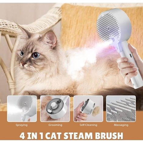 Brosse à vapeur 4 en 1 pour chats et chiens – Autonettoyante avec réservoir d'eau – Toilettage et massage pour animaux (Blanc) (1/3)