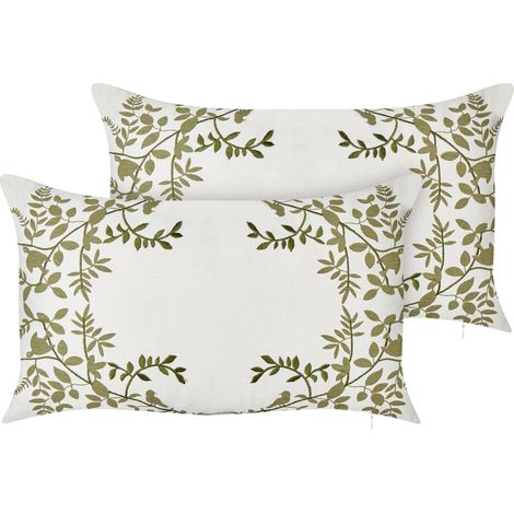 Lot de 2 Coussins Fait main avec Motif Floral 30 x 50 cm en Coton Blanc et Vert Zaleya