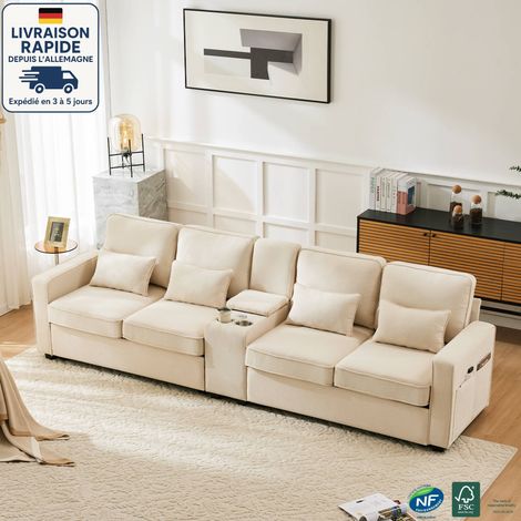 Canapé 290x83x88 cm 4 places avec console, 2 porte-gobelets, poches d'accoudoirs et 4 coussins, USB, lin, beige (1/5)