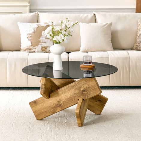 Table basse ronde en verre trempé MDF décor bois HAVRYA (1/5)