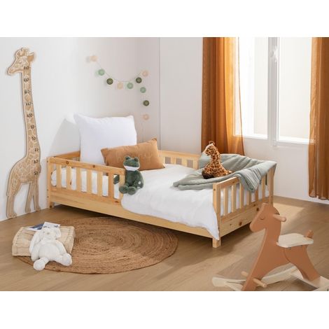 Lit Montessori enfant – Bois naturel – 80 x 160 cm – Avec barrières de sécurité – Hauteur au sol – Favorise l’autonomie (1/4)