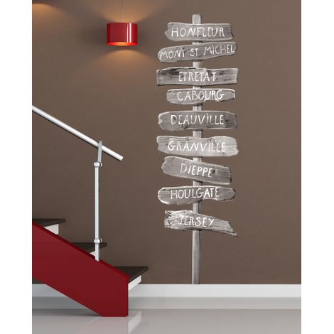 Sticker adhésif trompe l'oeil Normandie: Honfleur, Mont Saint Michel, Etretat, Deauville, 60x180cm, Panneau directionnel décoratif (1/2)
