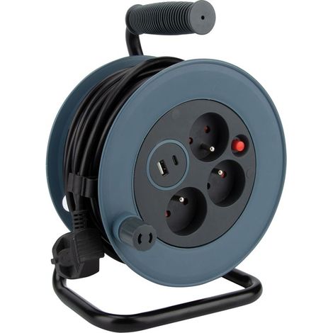 Enrouleur électrique 3 prises 16A – 2 ports USB (type A et C) – Câble 12m H05VV-F – Protection thermique et surcharge (1/3)