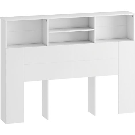 Tête de lit autoportante avec espace de rangement, accessoire de lit à 4 compartiments ouverts, 140 x 19 x 103,5 cm, blanche (1/5)