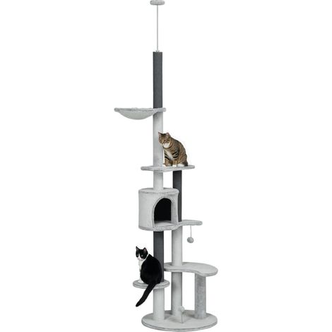 Arbre à chat avec tendeur de plafond, hamac, maisonnette, plateformes, balle de jeu, 225-255 cm, gris (1/5)