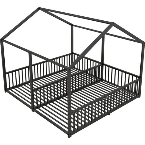 Letto per bambini in metallo 90 x 200 cm, struttura a casetta con barriera e scala, nero (1/5)