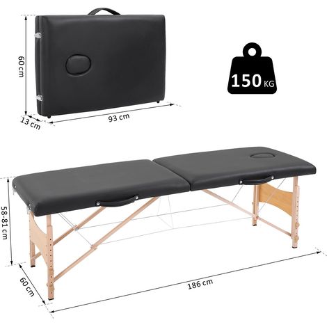 Table de massage pliable HOMCOM à 3 zones avec appui-tête, accoudoirs, sac de transport, pieds en bois, hauteur réglable, lit cosmétique portable pour tatouage, spa, salon, noir (1/5)