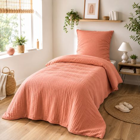 Housse de Couette 140 x 200 cm 1 Personne Gaze de Coton 57 Fils Rose (1/3)