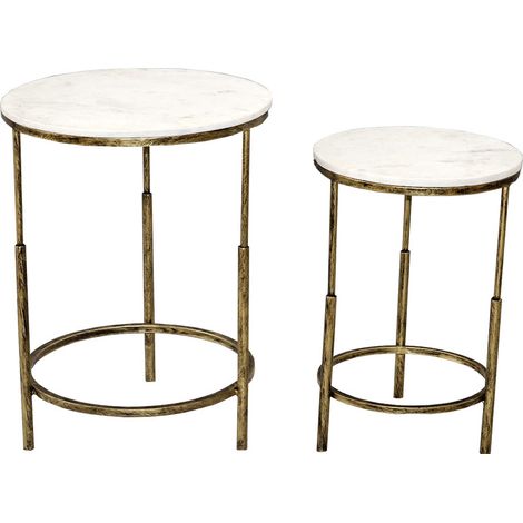 Ensemble de 2 tables basses doré vieilli marbre blanc 46x61cm (1/2)