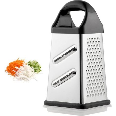 Râpe en acier inoxydable à quatre faces, ustensile de cuisine multifonctionnel, trancheuse à légumes, trancheuse à fromage, poignée antidérapante avec boîte de rangement pour les légumes. (1/5)