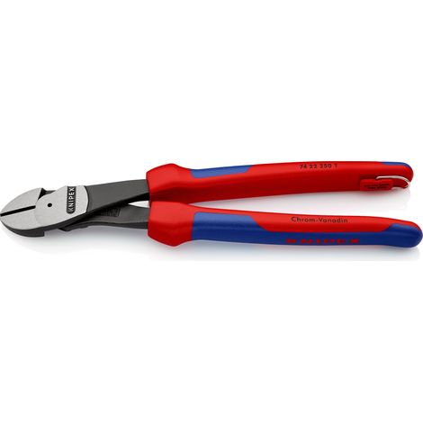 KNIPEX 74 22 250 T BK Pince coupante de côté à forte démultiplication avec gaines bi-matière, avec œillet intégré pour fixation d’un dispositif antichute atramentisée noire 250 mm (1/4)