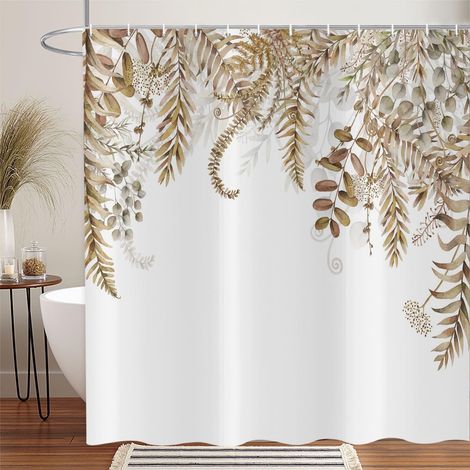 Marron Eucalyptus Rideau de Douche 180x200 cm, Marron Feuilles d'eucalyptus Automne Aquarelle Plantes Imperméable Bain Rideau Textile Lavable Rideaux Douche pour Baignoire avec 12 Crochets (1/5)
