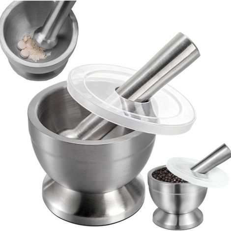 Mortaio e pestello, pestello per aglio, macinino per compresse, mortaio e pestello per erbe aromatiche, mortaio e pestello in acciaio inox, ciotola per macinare manualmente con coperchio in silicone F (1/5)