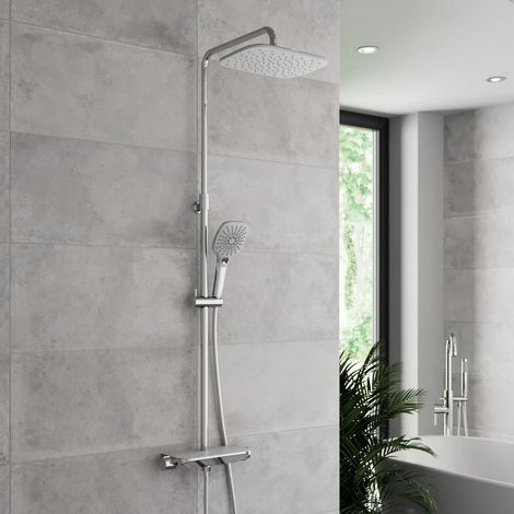 Thermostatic Mixer Shower Set Dual Head Handset Riser Rail Shelf Square Chrome (1/5)