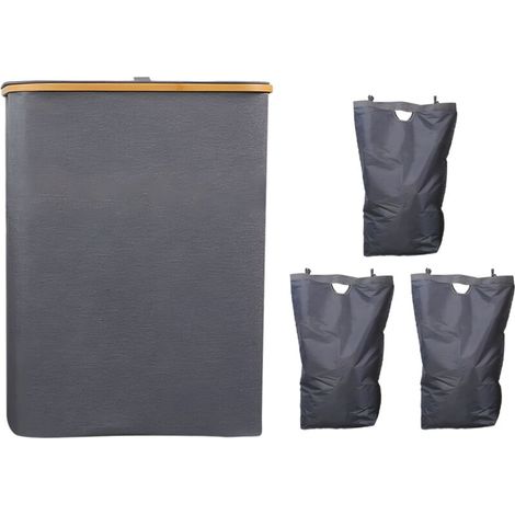 SJLERST Panier à linge de 160 litres avec couvercle, système de tri pliable à trois compartiments pour le linge sale, avec poignées et sac intérieur amovible