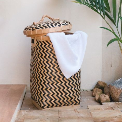 Panier à linge avec couvercle en bambou, coffre à linge sale pour salle de bain et chambre - PANGIVO (1/5)