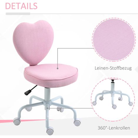 Fauteuil pivotant de bureau chef, réglable en hauteur, coussin cœur adorable, tissu lin rose, 40 x 50 x 79-89 cm (1/5)