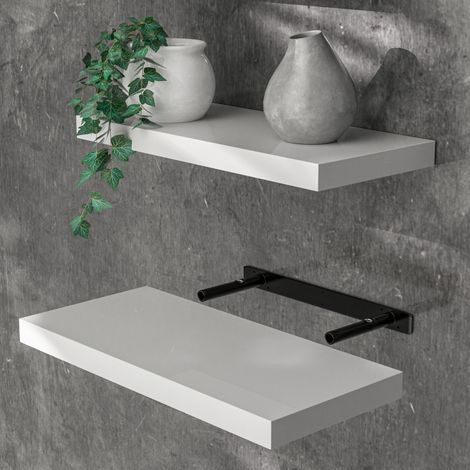 CASARIA® Floating Shelves Including Bracket Wall Shelving Living Room Kitchen Bedroom Office 38mm Thick Hidden Wall Fixing 15kg Capacity MDF 50cm Glossy White