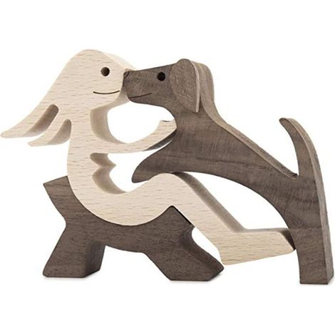 Sculpture en bois représentant une famille de chiots et de chats, en bois massif naturel. Statue artisanale représentant un adorable chiot, un chaton et des personnes, idéale pour la décoration intéri
