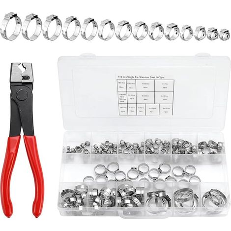 170-teiliges Set mit Schlauchschellen (14 Größen, 5,3–33,1 mm) inklusive Schlauchschellenzange, robust, aus Edelstahl, für Haushalt, Gas-, Wasser- und Kraftstoffleitungen (1/5)