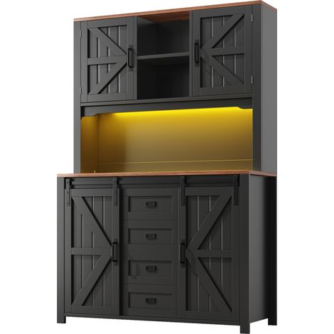 Buffet de cuisine avec portes coulissantes et éclairage LED, MDF noir, 115 x 40 x 174,7 cm (1/5)