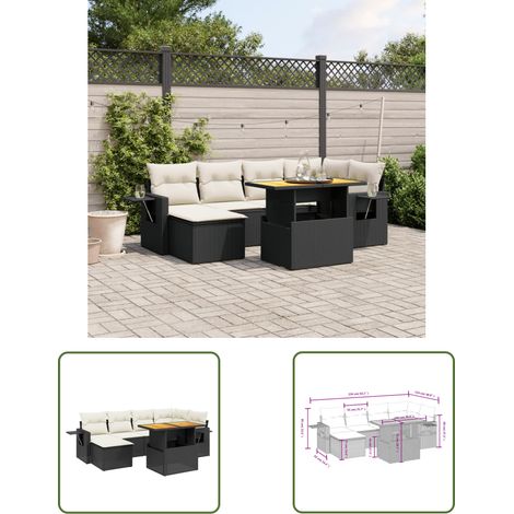The Living Store Salon de jardin 7 pcs avec coussins noir résine tressée - Ensemble Salon De Jardin - Meuble Extérieur - Résine Tressée - Rotin Synthétique - Table Extensible (1/3)