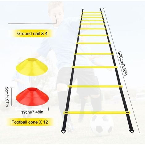 Accessoires d'entraînement de football, échelle d'agilité de 6 à 12 niveaux, échelle d'entraînement de coordination, échelle de vitesse d'agilité avec 12 cônes et 4 poteaux de football (1/4)