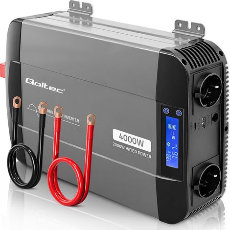 Convertidor de voltaje de onda sinusoidal pura Qoltec  12V a 230V  2000/4000W  LCD  USB  USB-C  Compatible con LiFePO4 GEL (1/5)