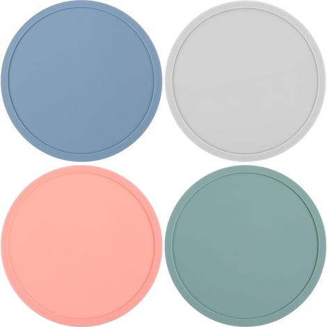 Confezione da 4 sottobicchieri rotondi in silicone antiscivolo e resistenti al calore per tavolo e arredamento. (1/5)