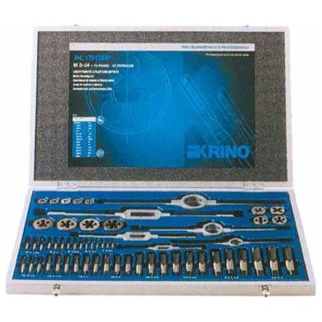 KRINO 17012536 Set Maschi e Filiere Metriche Acciaio Cromo Vanadio M6 M24 44 Pezzi Cassetta Legno Portafiliere 38 1 mm e 50 8 mm colore Legno