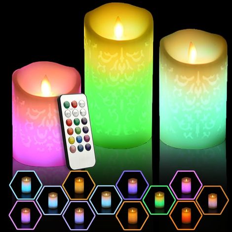 Lot de 3 Bougies Pilier LED Multicolores, Changement de Couleur, Effet Vacillant, Télécommande et Minuterie, Cire Véritable (1/5)