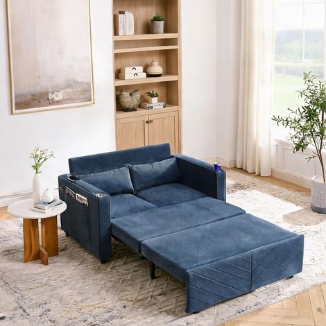 Canapé lit 2 places 195 cm en bois et tissu bleu marine (1/5)