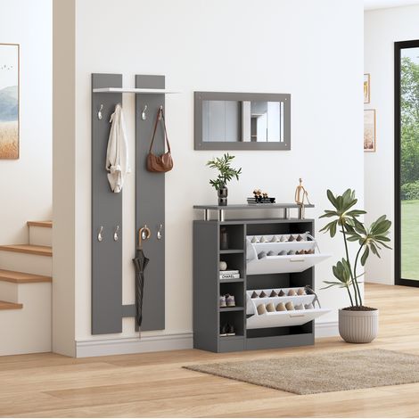 Set guardaroba da ingresso in truciolare grigio/bianco, scarpiera 80 x 25 x 96,5 cm con 2 ripiani regolabili e specchio (1/5)