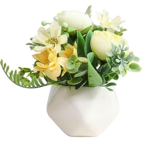 Bouquet de fleurs artificielles, fleurs en plastique longue durée, pot géométrique décoratif + pivoine jaune (1/2)