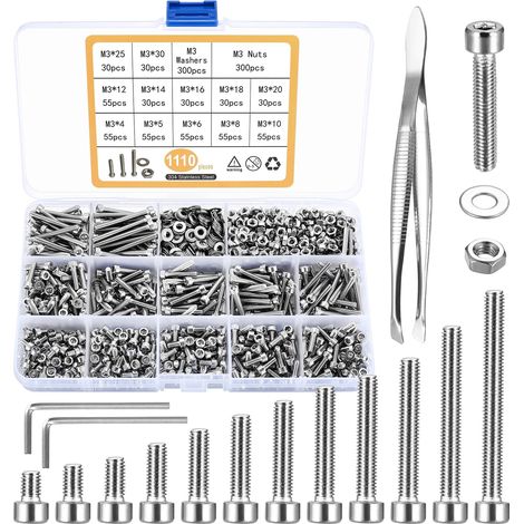 1110 vis et écrous M3 en acier inoxydable, six pans creux cylindrique Assortiment de visserie robuste, parfait pour réparations et projets de bricolage DIY (1/5)