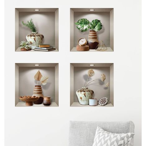 Sticker Muraux, 3D Effet Vinyle Adhésifs Muraux, Peintures Murales Décoration Murale pour Chambre à Coucher, Cuisine, Bureau - Vases et Déco - Lot de 4 Pièces de 30 x 30 cm (1/5)