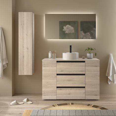 Meuble de salle de bain BEQUIA PLUS 3C 120cm Naturel Vasque à poser Porcelaine Côté réversible 1P (1/5)