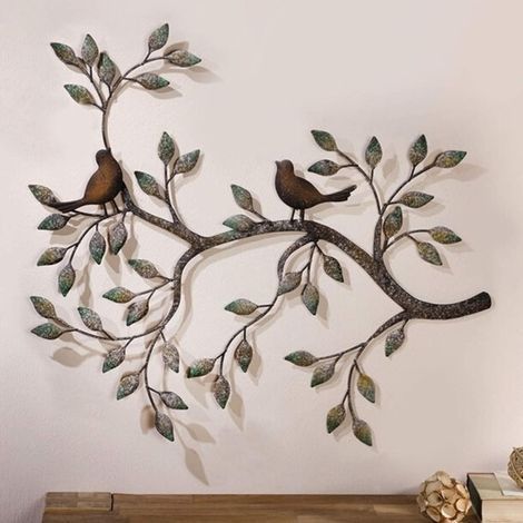 déco murale.Sculpture murale suspendue en métal de 22.8" x 18.8". décoration murale d'oiseau. décoration murale rétro en fer forgé. une paire d'amoureux sur des branches-RAPANDA (1/4)